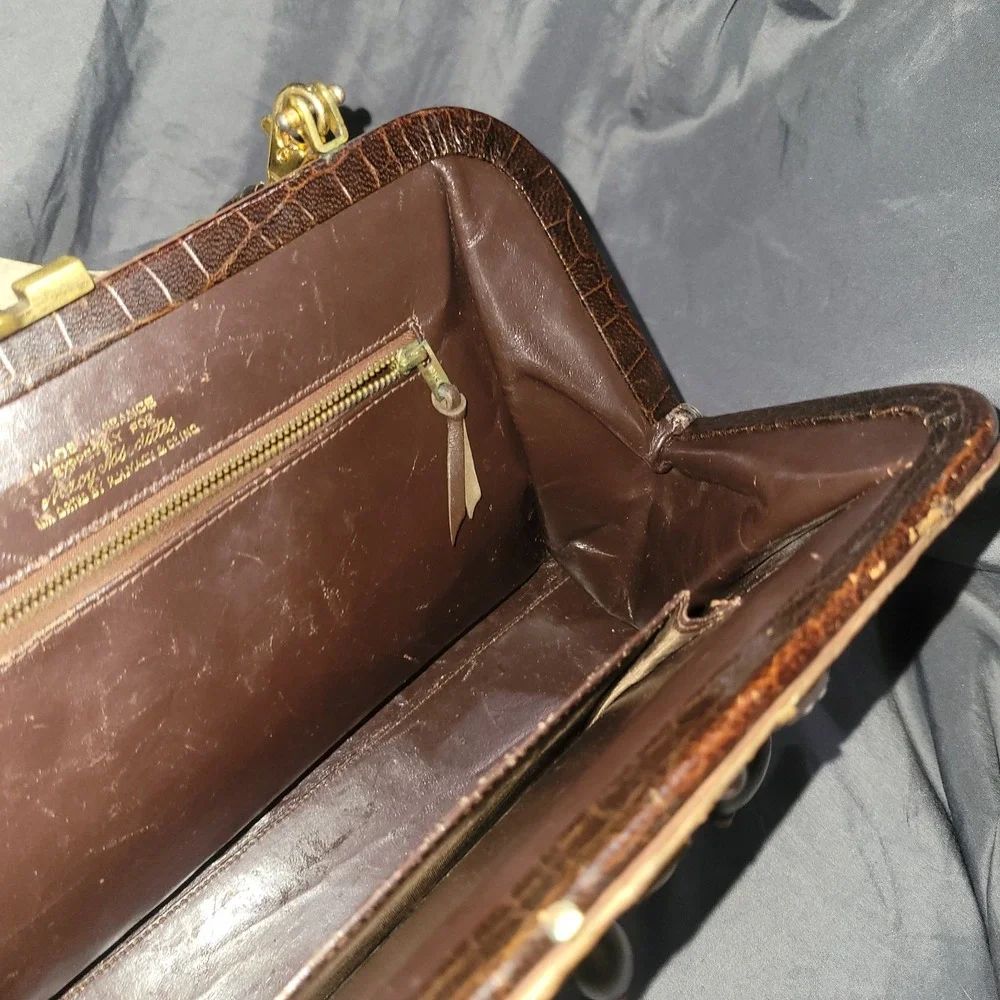 Vintage 1950s Macy Associates Brown Crocodile Skin Purse Handbag ~ France
